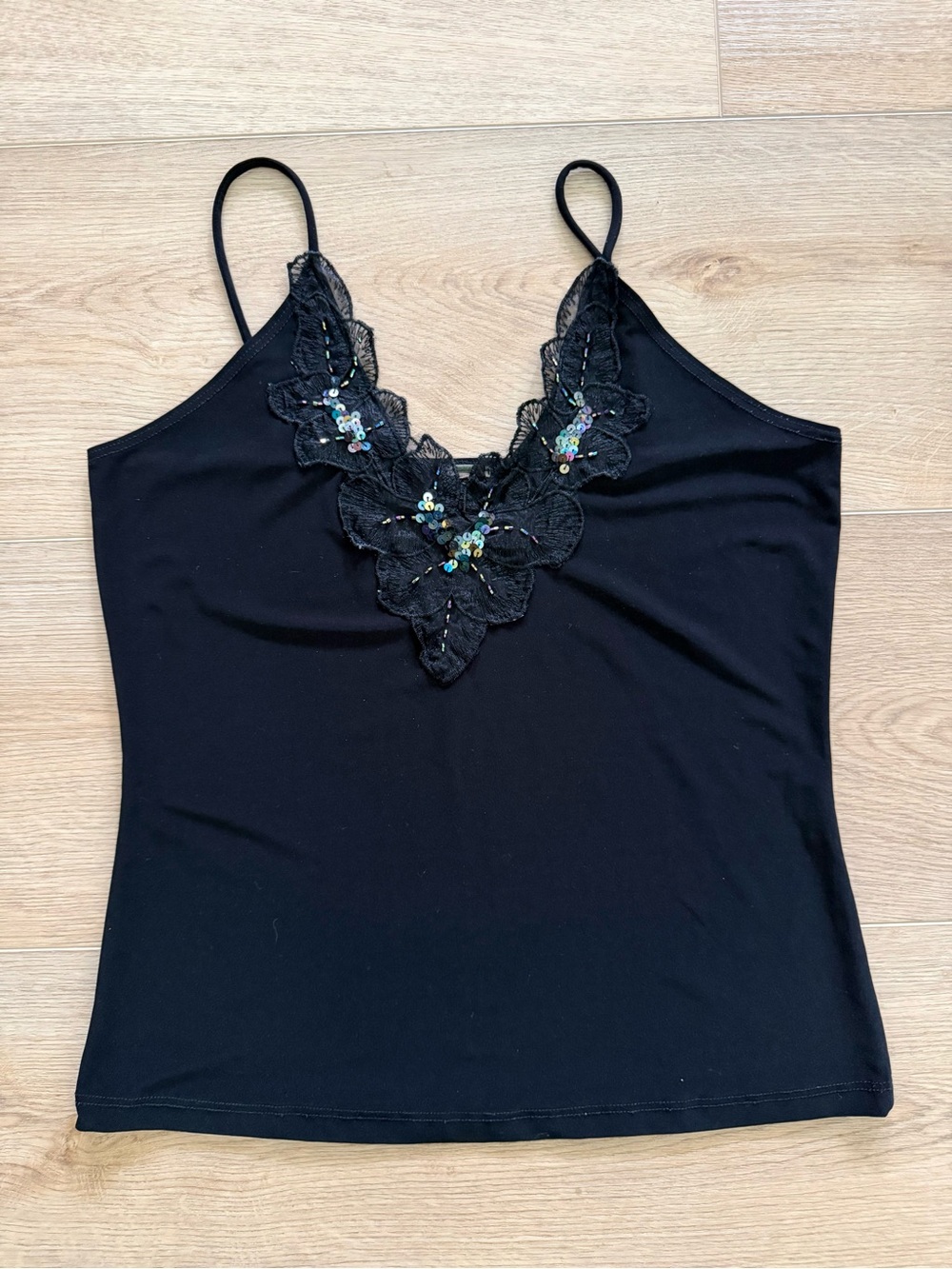 Y2K Black Floral Lace Sequin Embellished Cami Tank Top Small